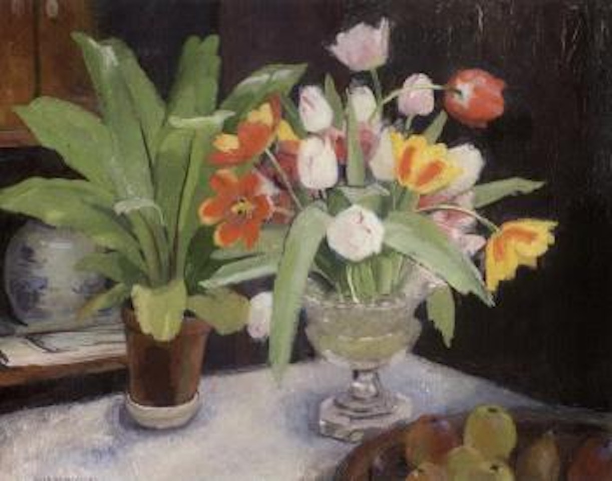 Still life of tulips in glass vase and fruit by Olle Hjortzberg
