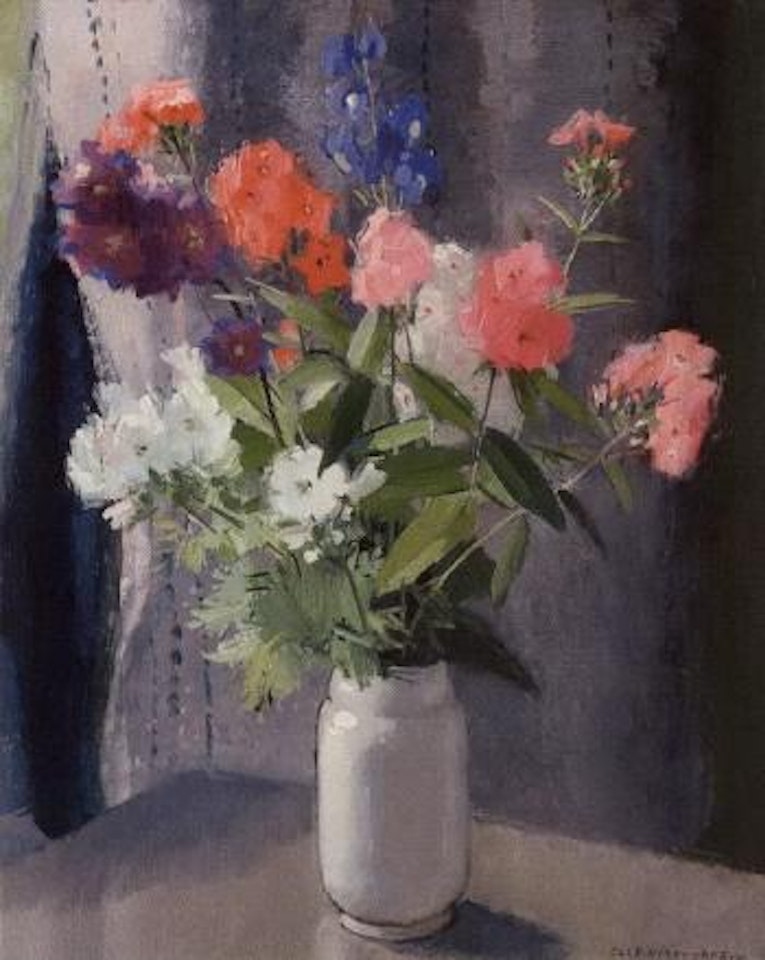 Still life of summer flowers in vase by Olle Hjortzberg