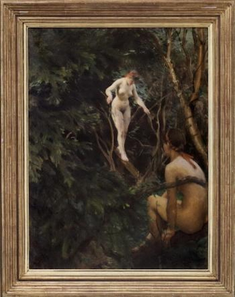 Fragile foot bridge - two nude females in wood by Anders Zorn