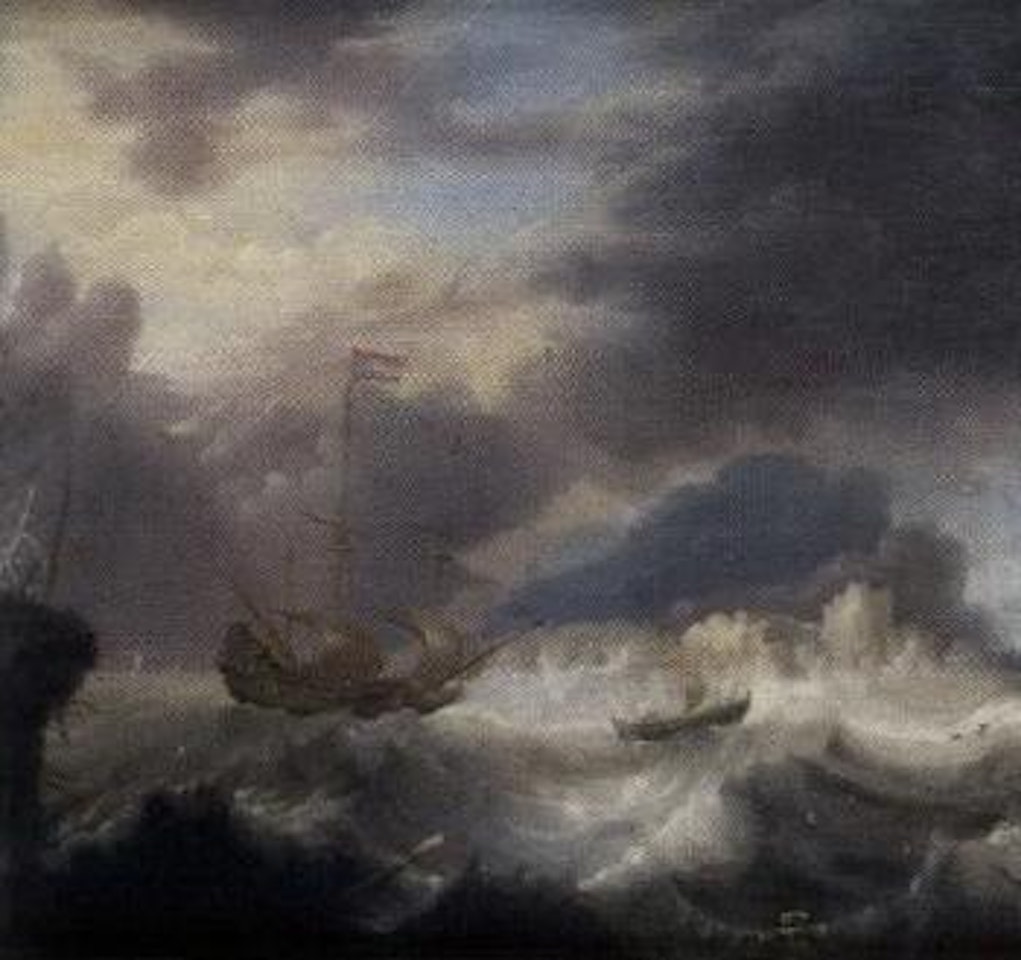 Vessel in stormy seas by rocky coast by Pieter van de Velde