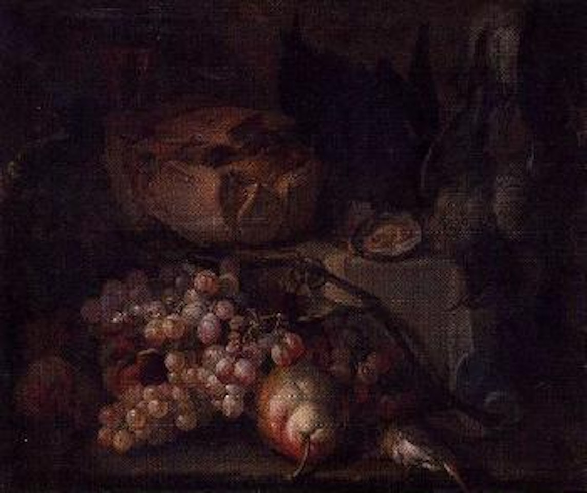 Still life of fruit, bread, oysters and birds by French School