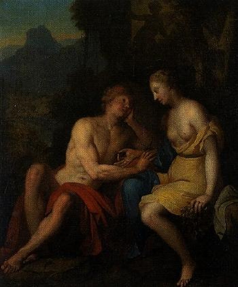 Adoring herder couple by German School