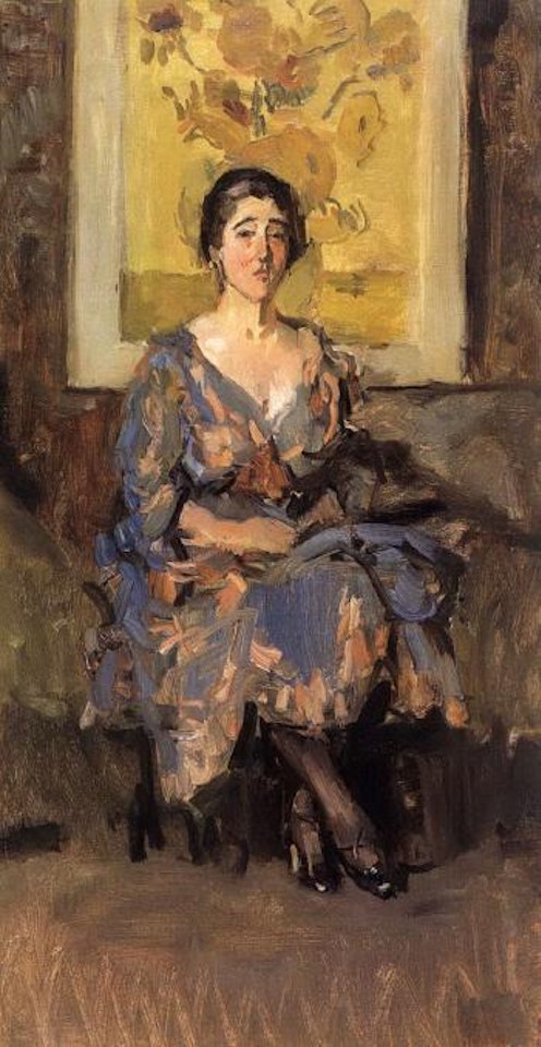 Lady seated in front of the painting 'Sunflowers' by van Gogh by Isaac Israels