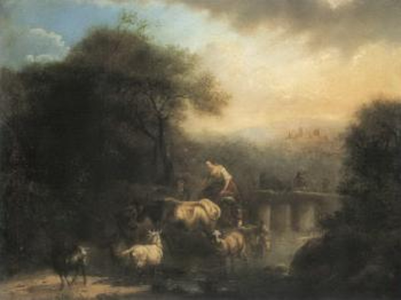 Shepherds and flock in river landscape with mountains by Continental School