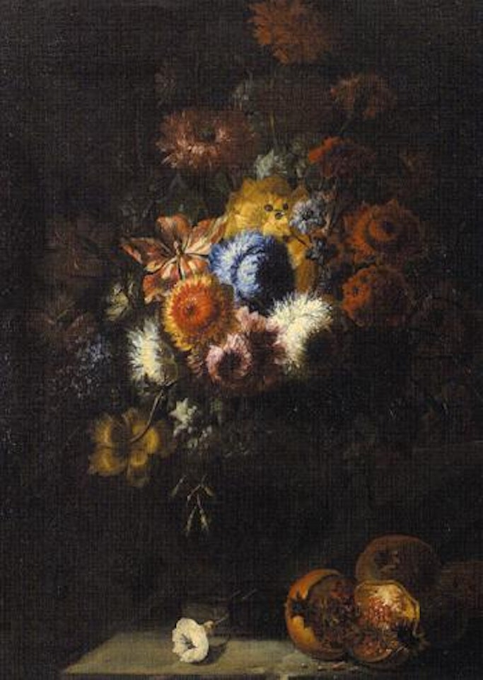 Vase de fleurs et grenades eclatees sur entablement by Gasparo Lopez