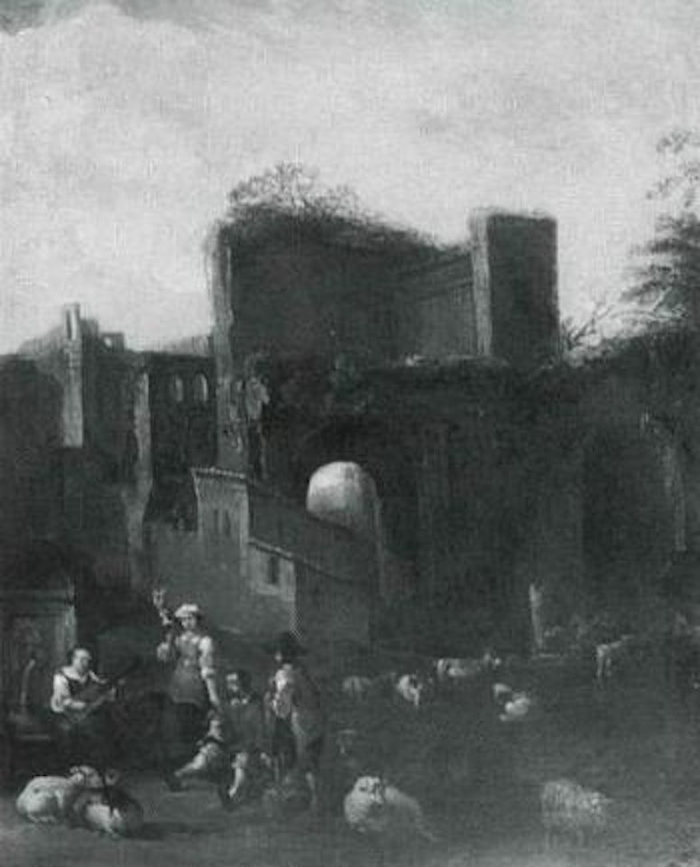 Peasant with flock among ruins by Nicolaes Pietersz Berchem
