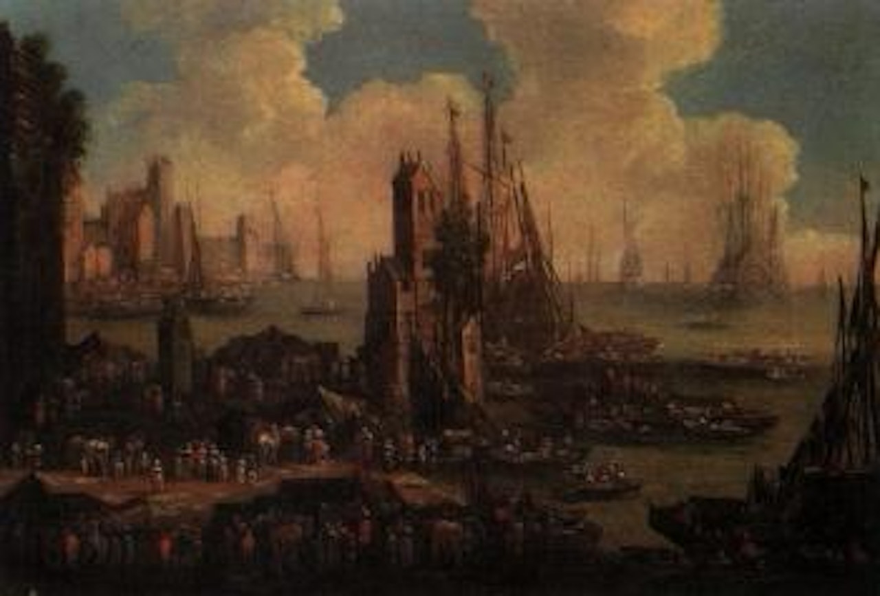 Busy harbour by Dutch School