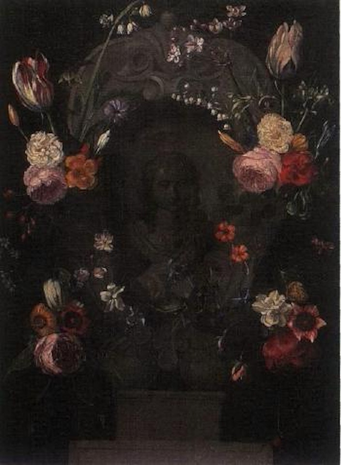 Flower garland round bust portrait by Flemish School
