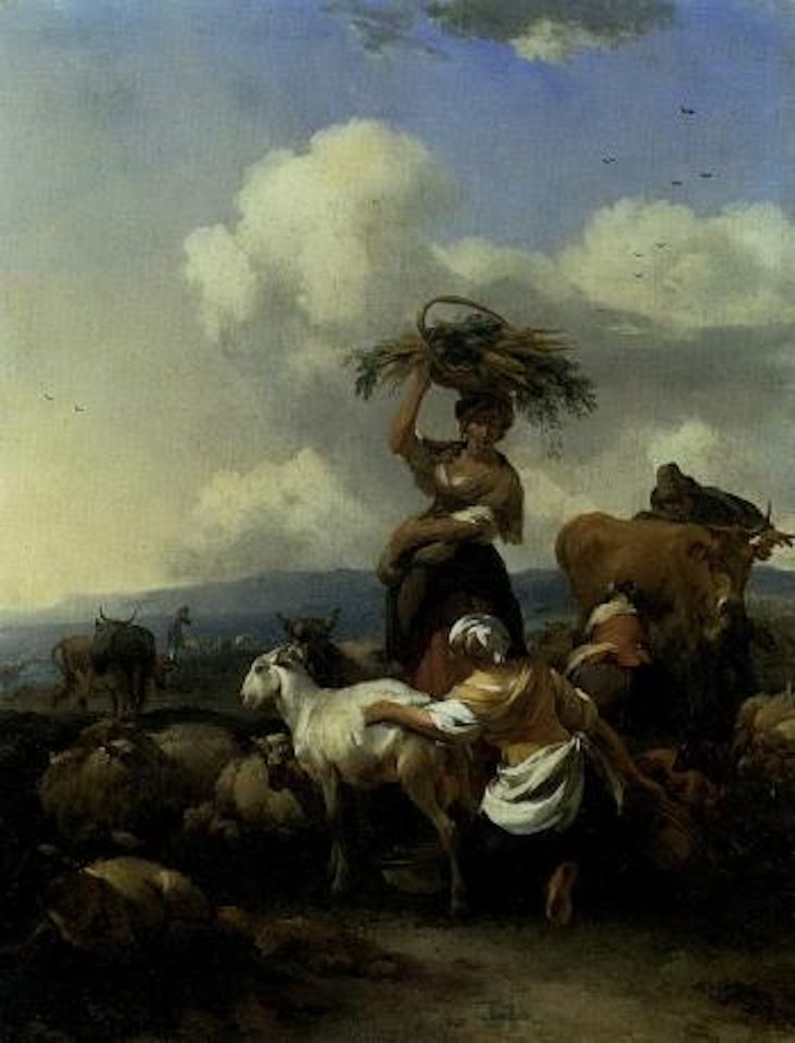 Peasants and animals in an Italianate landscape by Nicolaes Pietersz Berchem