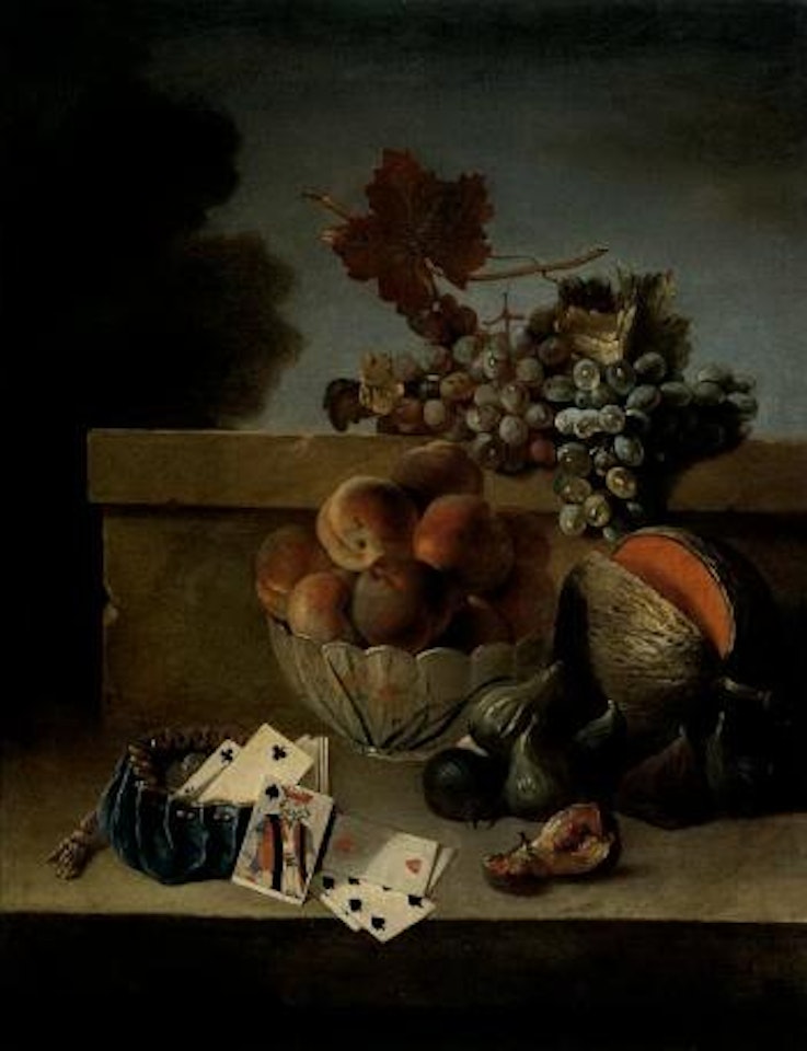 Still life of peaches in a porcelain bowl, together with grapes, figs with purse with coins and card by Jean-Baptiste Oudry