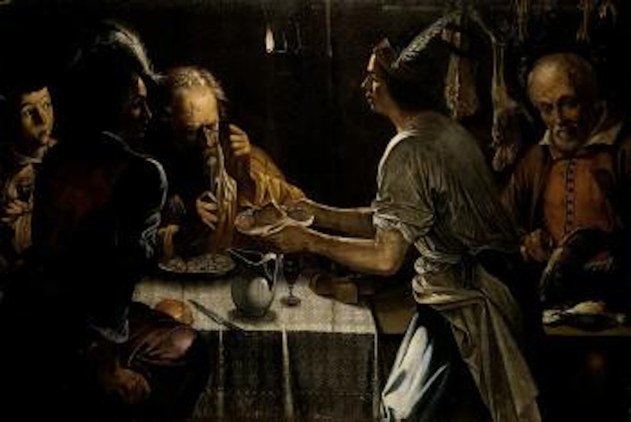 Interior with various figures at a meal by candlelight by Caravaggio