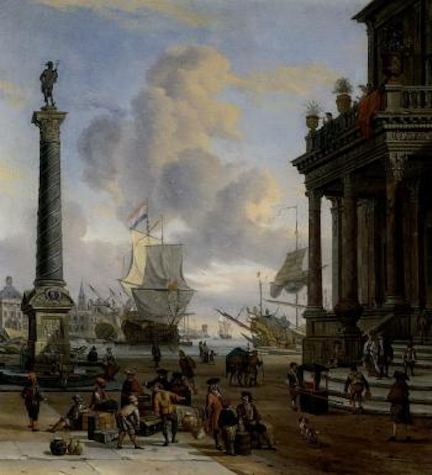 Mediterranean harbour scene with turbanned figures on a quay by Abraham Storck
