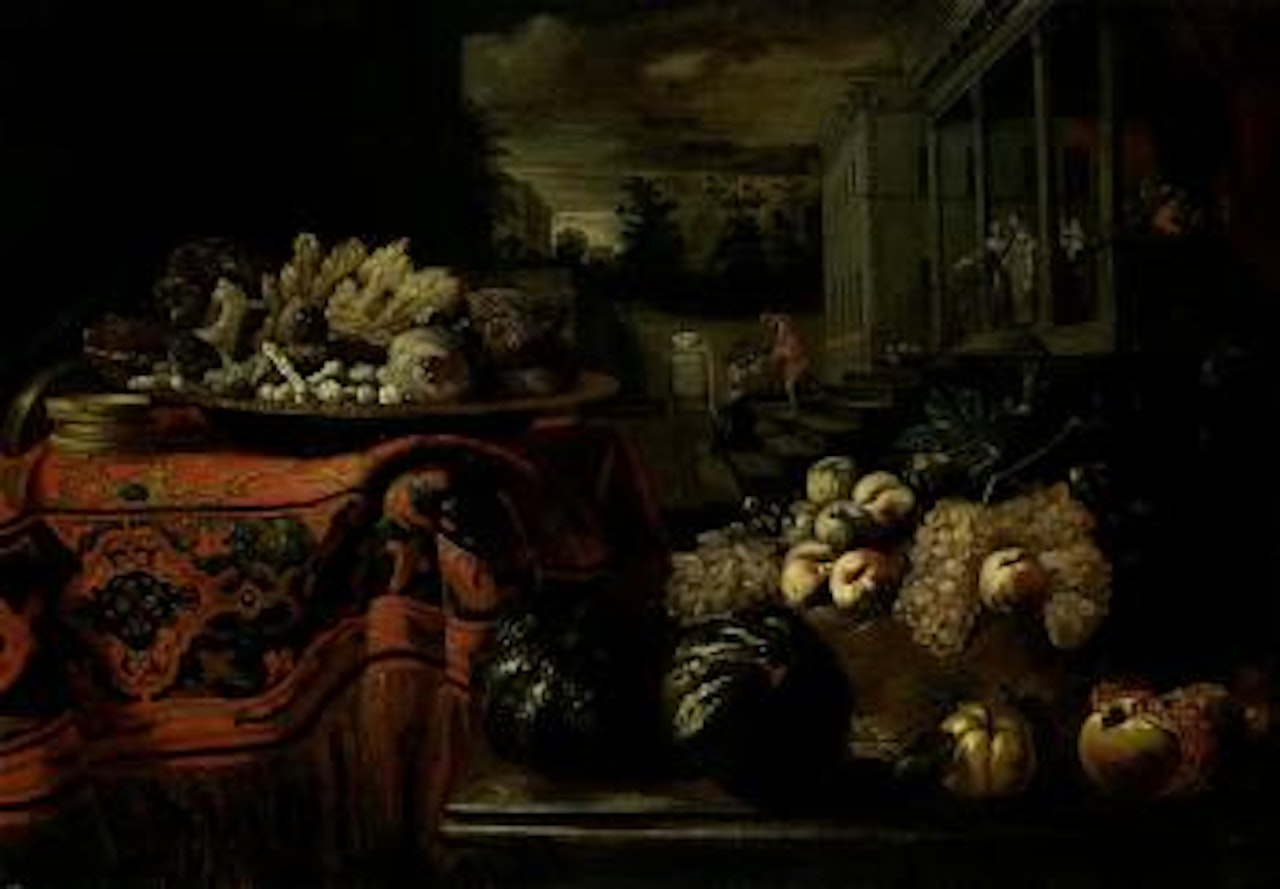 Still life of glaciered fruit on a table covered with an oriental carpet by Pier Francesco Cittadini
