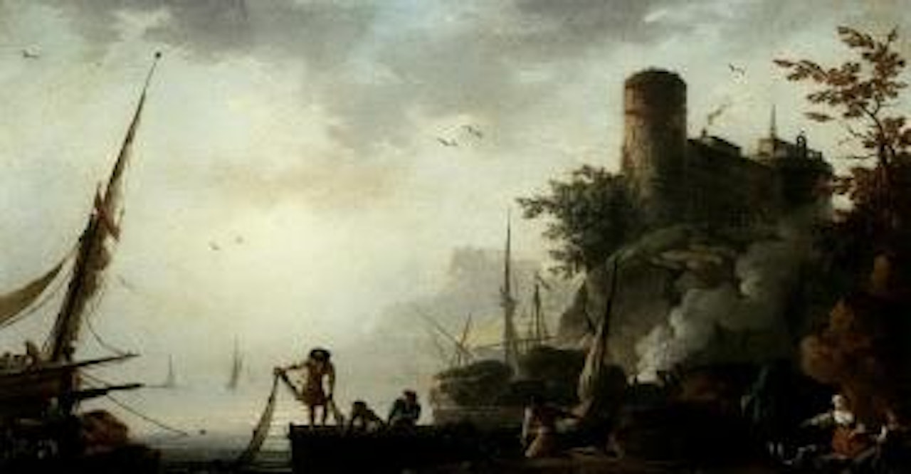 Mediterranean port scene with fishermen hauling their nets. Coastal landscape with figures by Charles François Grenier de Lacroix de Marseille