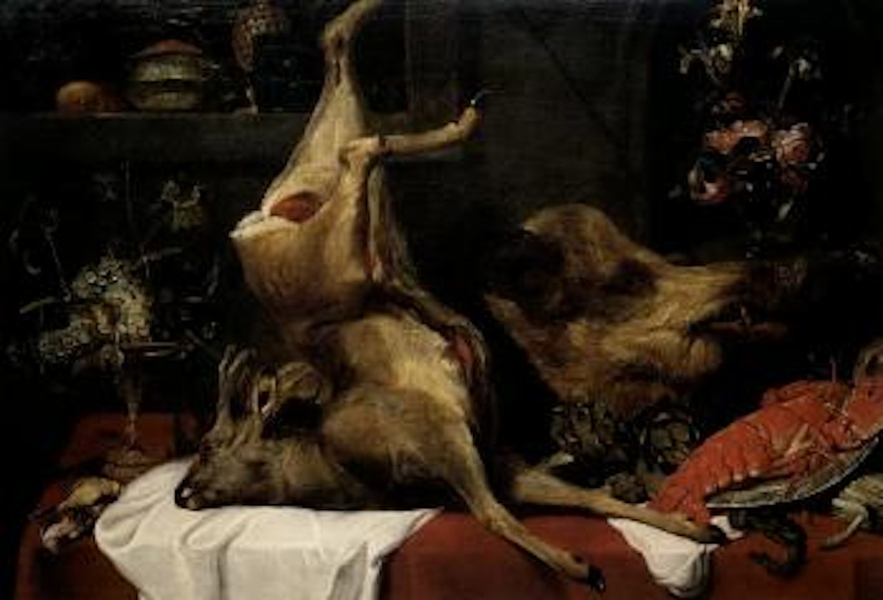 Still life of a hung deer, boar's head. lobster on a silver dish by Frans Snyders