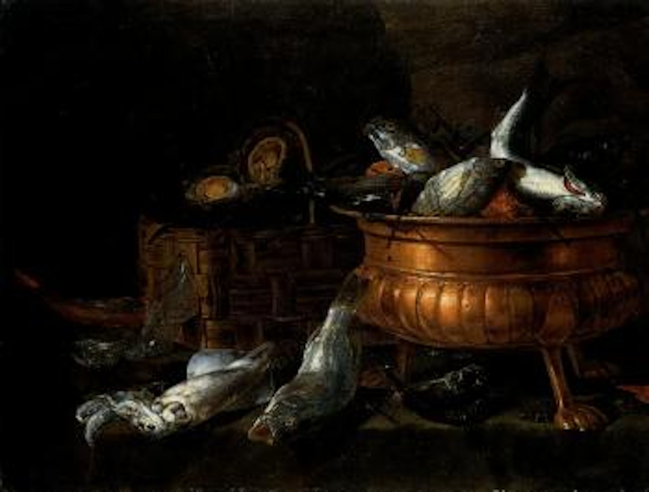 Still life of oysters in a basket fish in a brass bowl by Giuseppe Recco