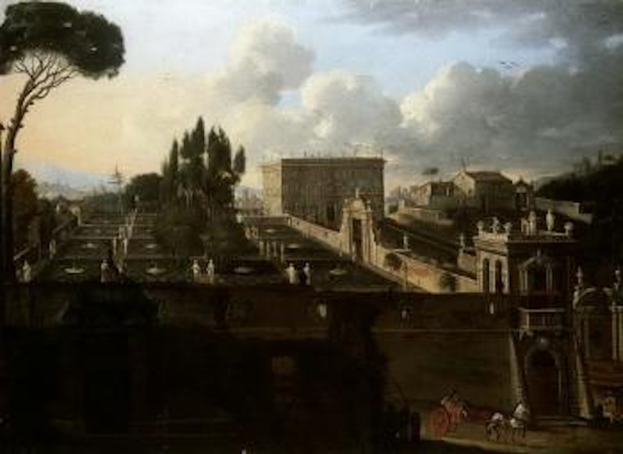 View of a Roman Palazzo with an ornamental garden, man in a carriage riding by Roman School