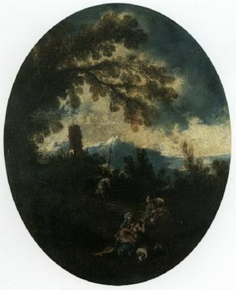 Rest on the Flight into Egypt. Landscape with monks praying at a wayside shrine by Alessandro Magnasco