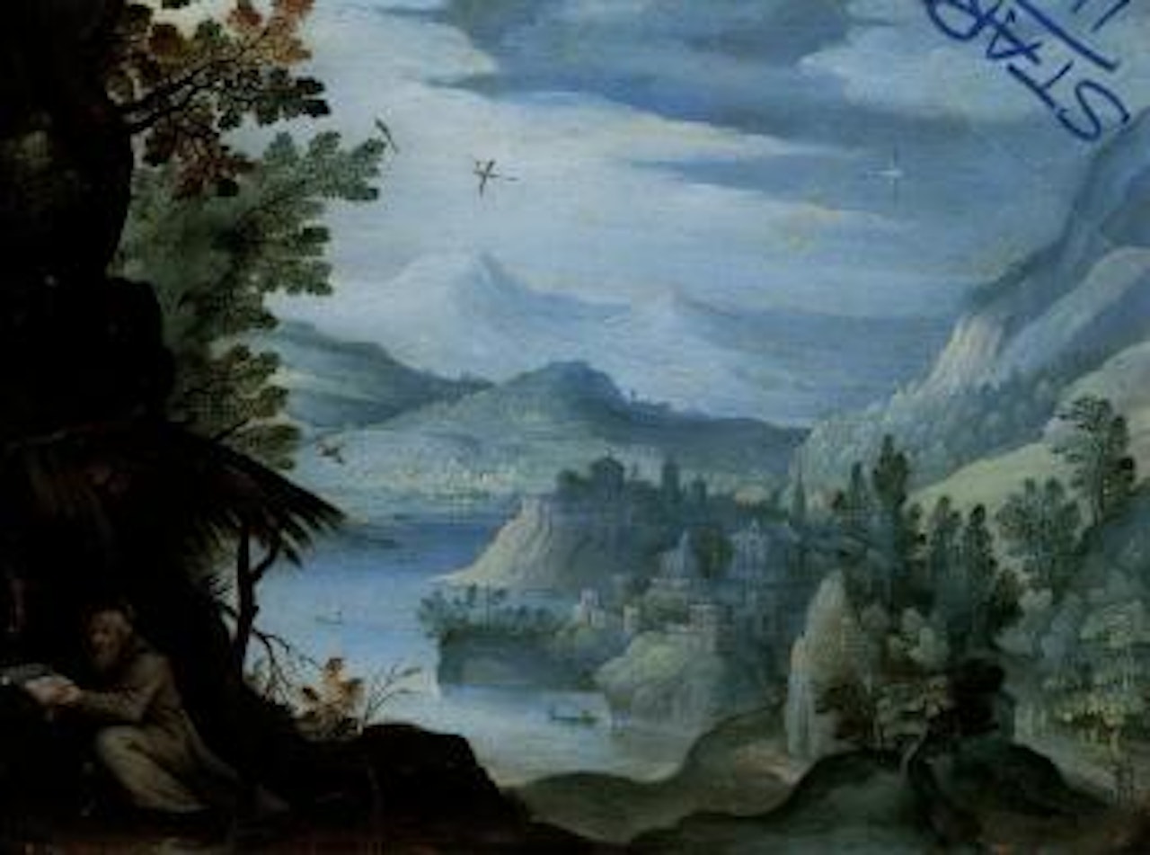 Hermit Saint in a river landscape, town in the distance by Paul Bril