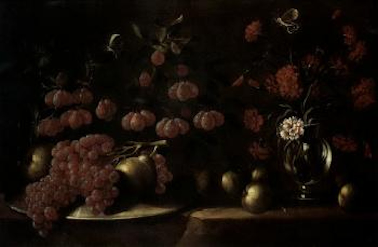 Still life of grapes and pears upon an upturned dish, and vase of carnations by Spanish School