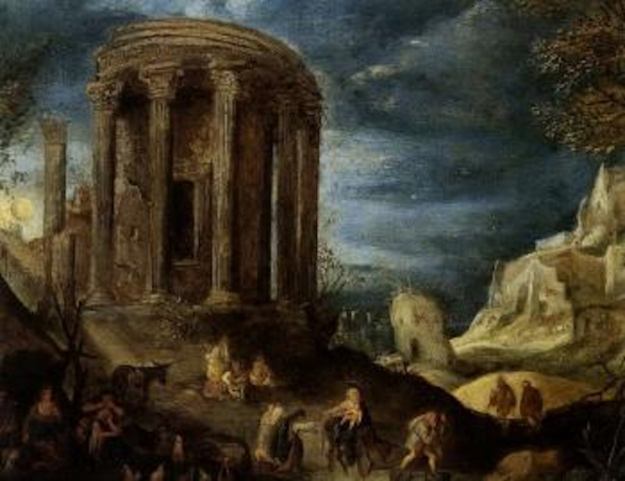 An extensive landscape with the flight into Egypt and an architectural capriccio of the temple by Jan Brueghel the Younger