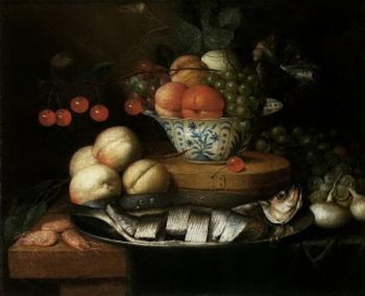 Still life of fruit in a blue and white bowl, fish and prawns on pewter dish by Jan Pauwel Gillemans