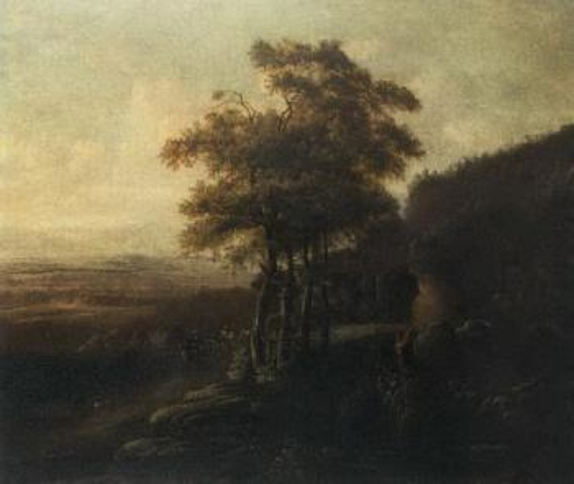 Elegant figures on horseback, riding through a rocky wooded landscape, valley beyond by Jan Both
