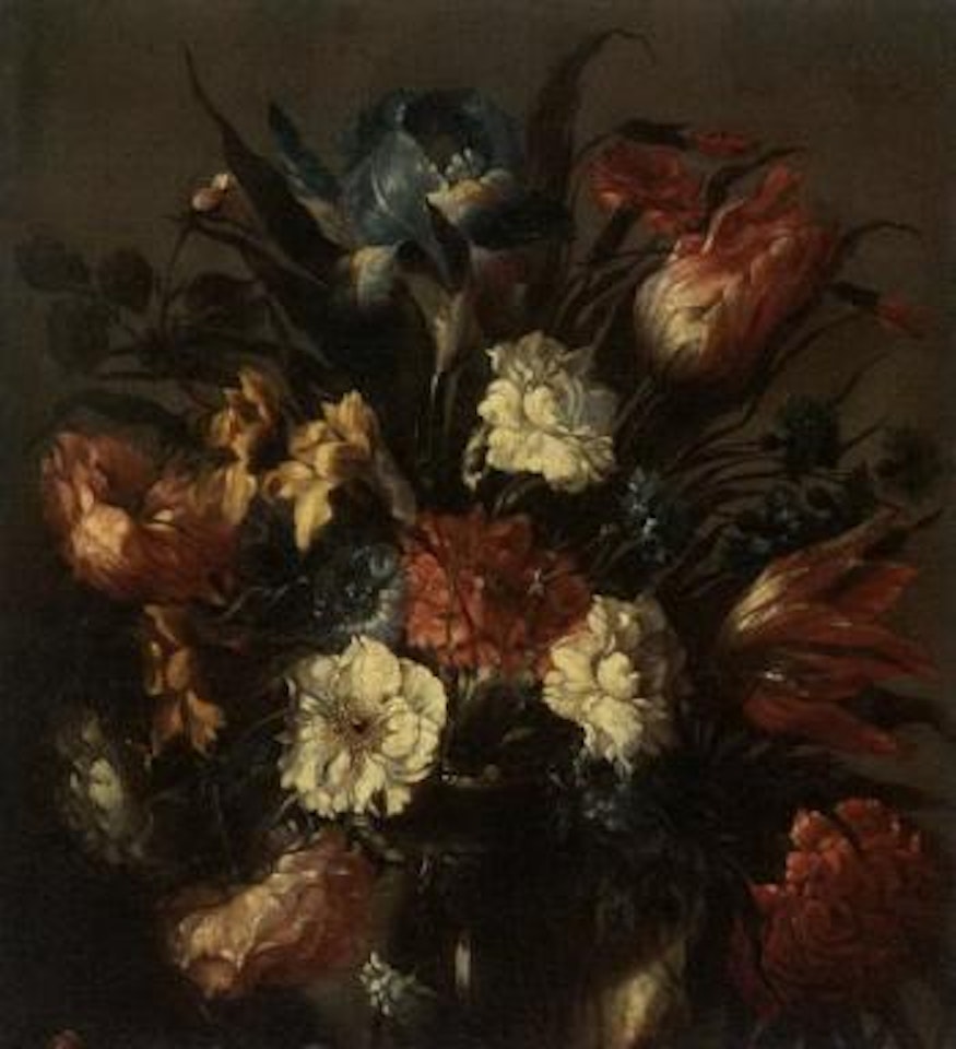 Still life of tulips, roses, an iris and other flowers in a glass vase by Juan de Arellano