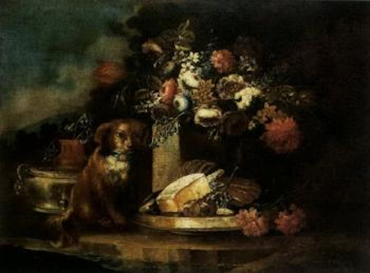 Still life with flowers and a dog with a dish of sweetmeats and figs in a garden setting by Gasparo Lopez