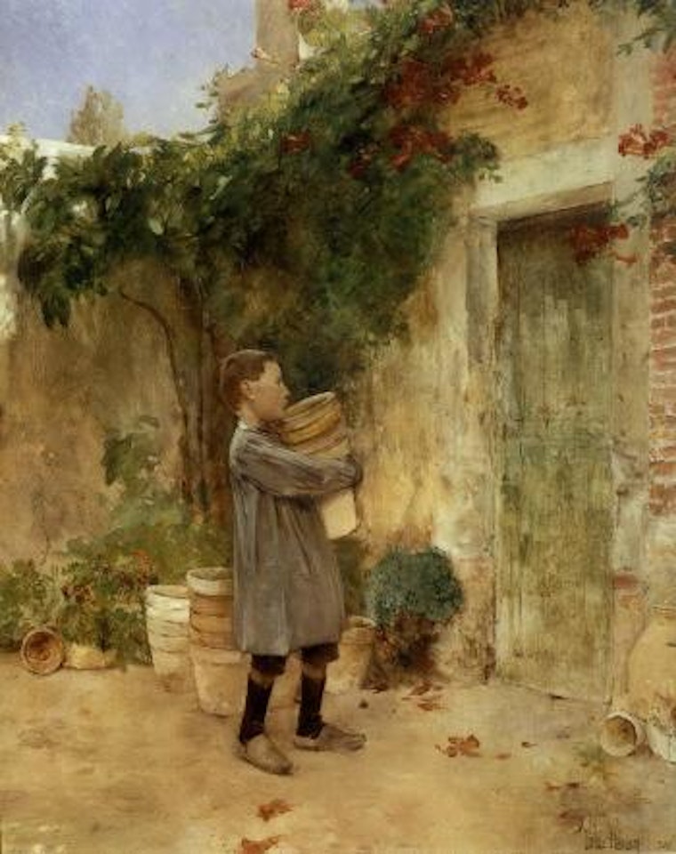 Boy with flower pots by Childe Hassam