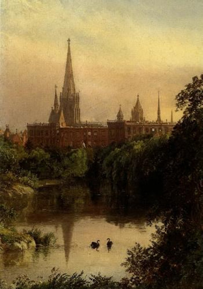 View in Central Park - the spire of Dr. Hall's church in the distance by Jasper Francis Cropsey