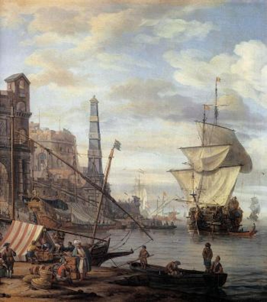 Navires hollandais pres d'unport mediterraneen anime de marchands turcs by Abraham Storck