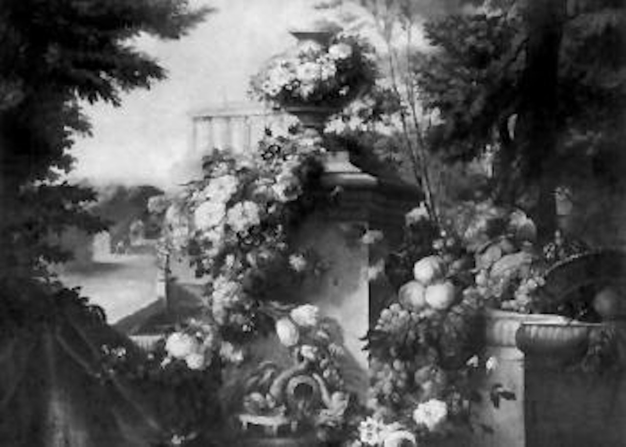 Nature morte de fruits et de fleurs dans paysage by French School