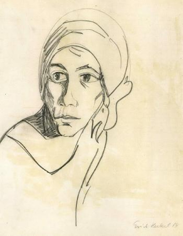 Woman wearing turban. Woman peeling apple by Erich Heckel
