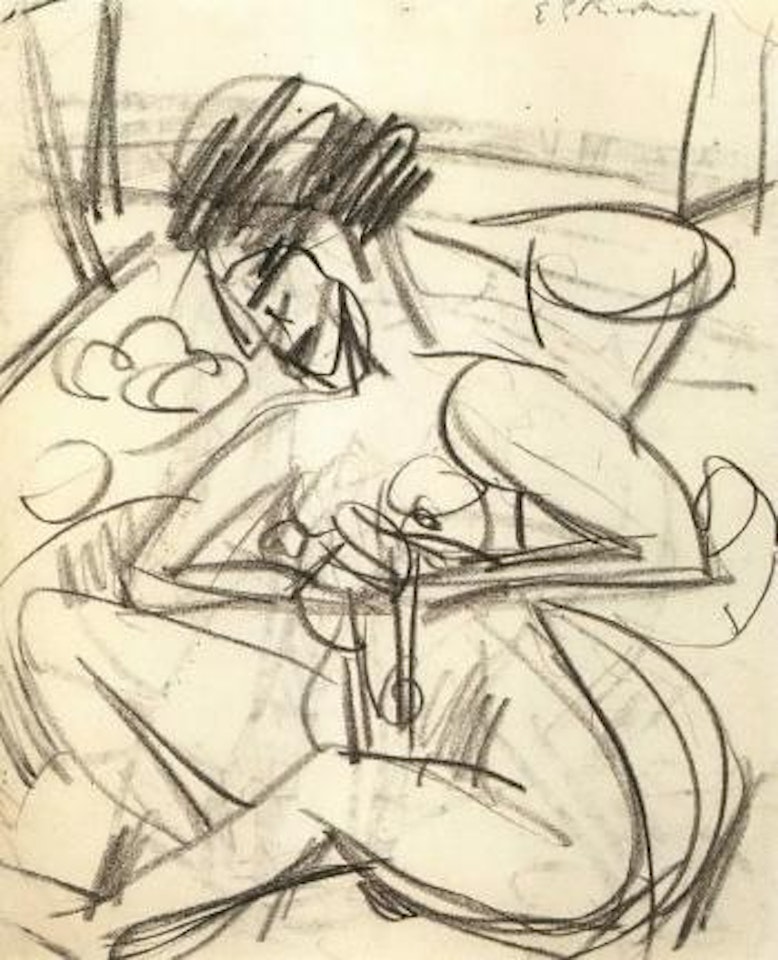 Erna at her toilet. Three bathers on a beach by Ernst Ludwig Kirchner