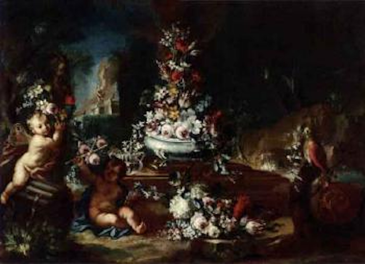 Still life with flowers and parrot by Italian School