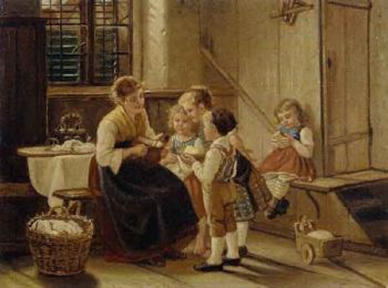 Mother and four children in room by Edmund Adler