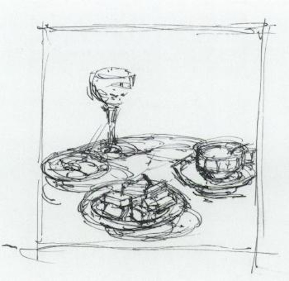 Plate, glass and two cups by Alberto Giacometti