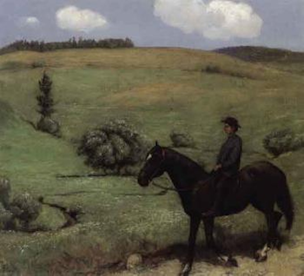 Horseman in blue jacket before hilly landscape by Hans Thoma