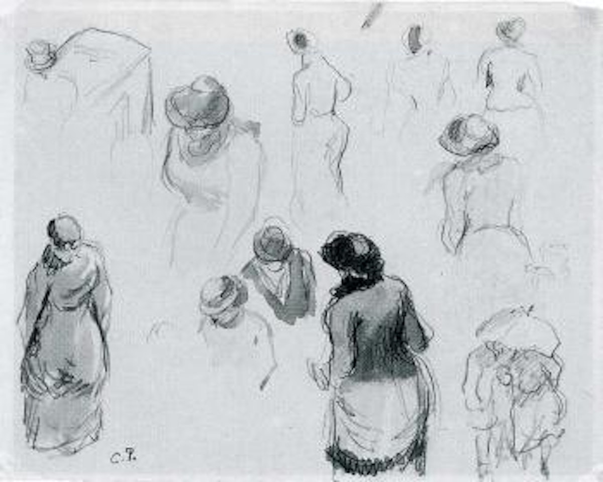 Esquisse prise d'un Hotel sur la rue avec figures by Camille Pissarro