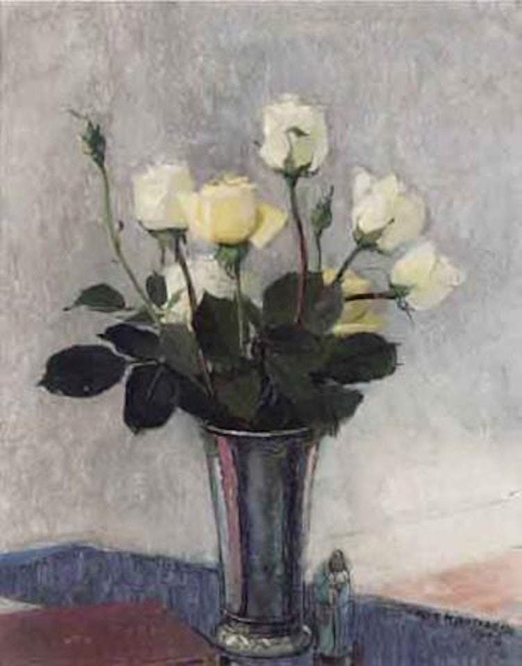 Still life of yellow roses in silver vase by Olle Hjortzberg