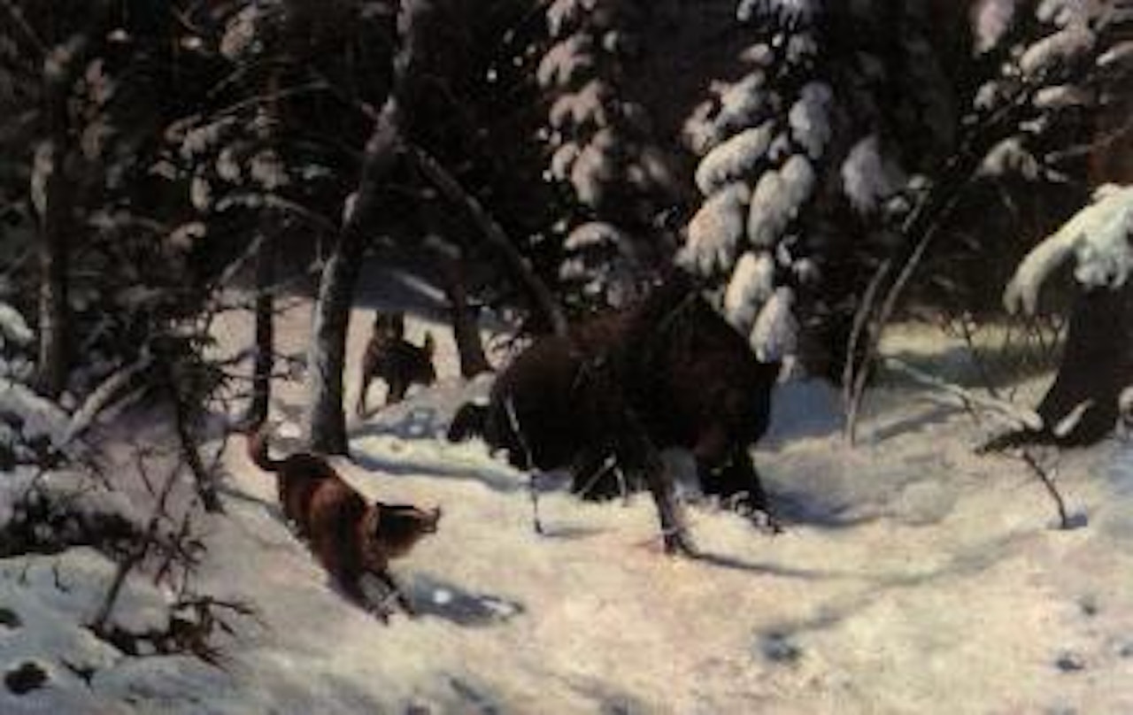 Bear hunt in winter wood by Russian School