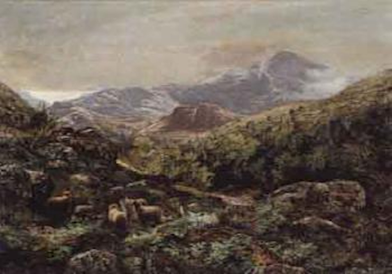 Sheep and herder in Scottish mountain landscape by Benjamin Williams Leader