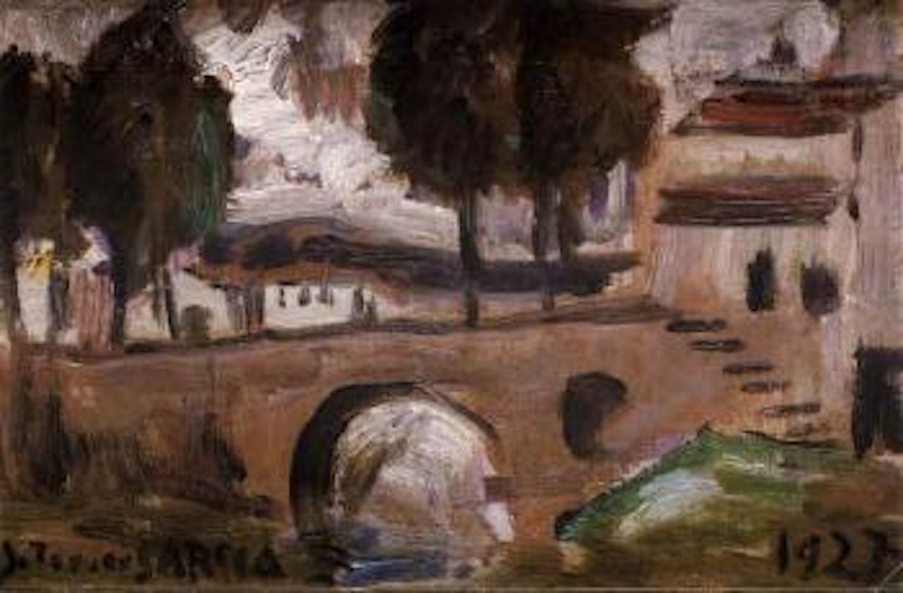 Bridge on river by Joaquín Torres-García