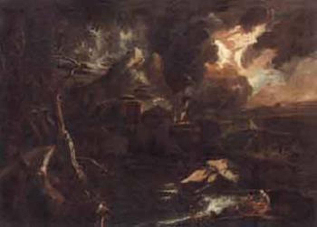 Landscape with figures and buildings, stormy weather by Pieter Mulier II
