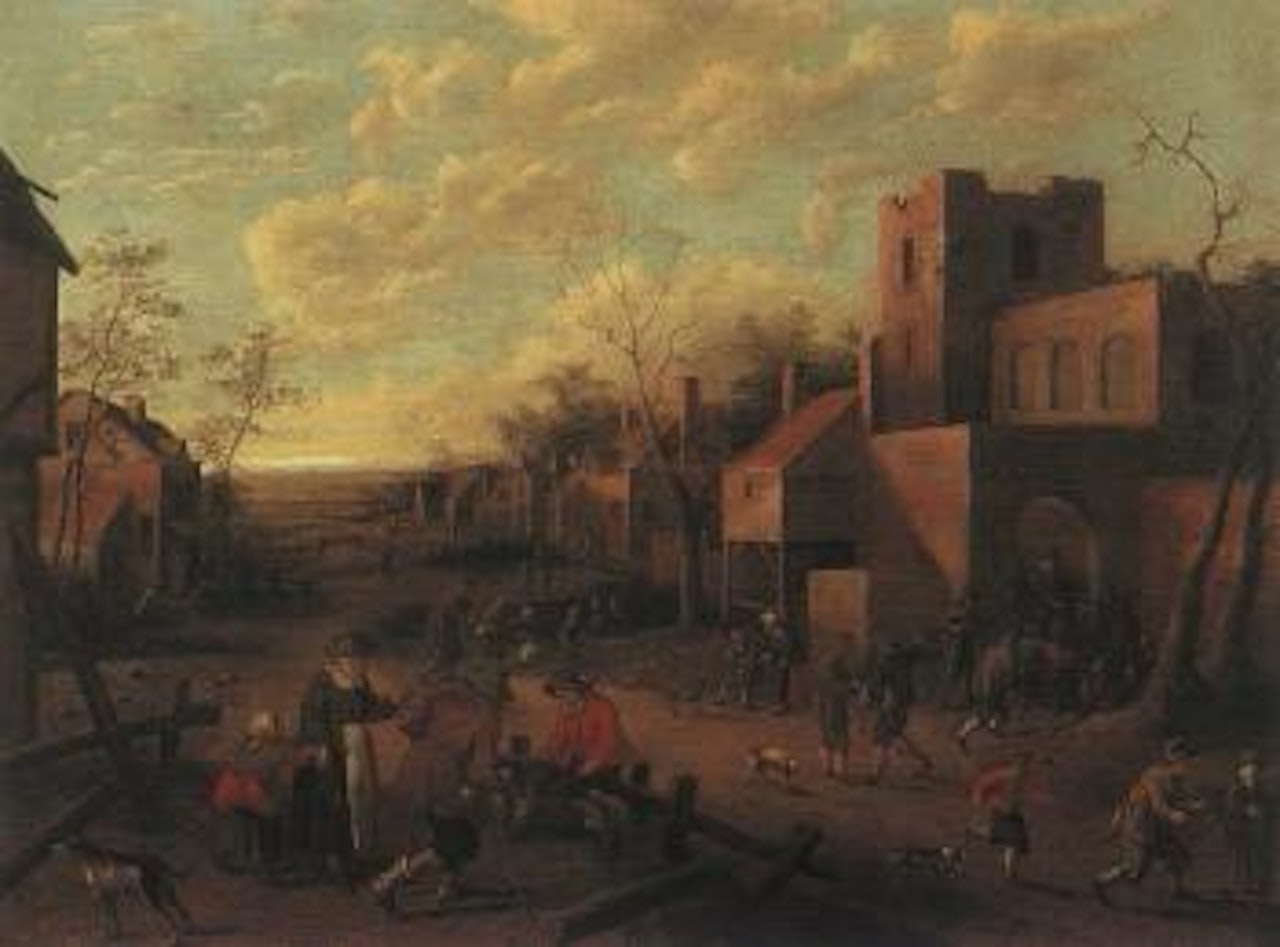 Village street with figures by Joost Cornelisz Droochsloot