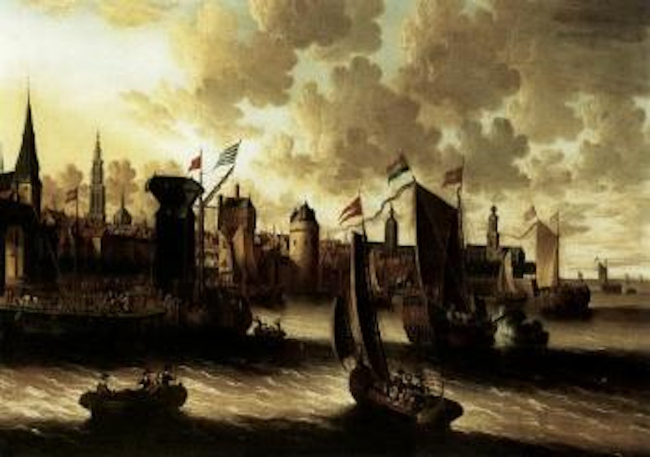 View of Hoorn, on the Zuider Zee, with a state's yacht firing a salute and other shipping by Pieter van de Velde