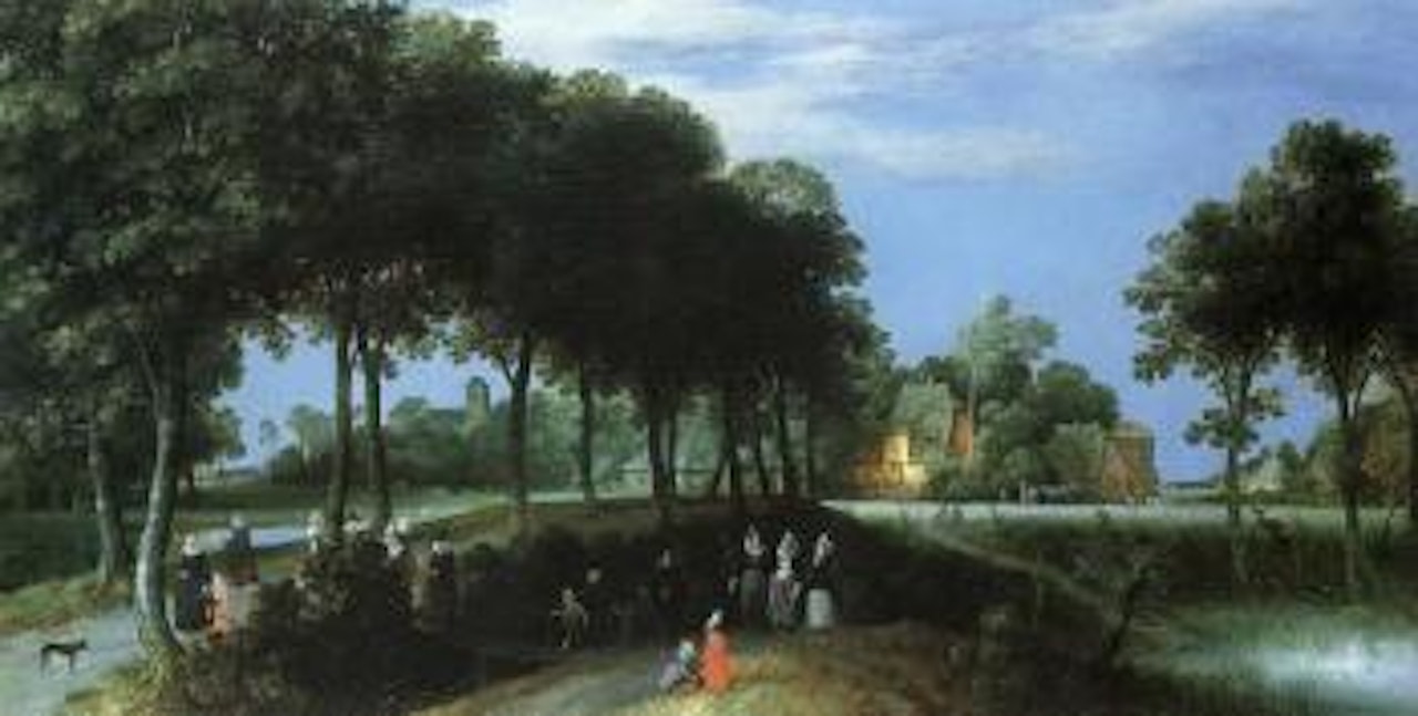 Portrait d'une famille dans un paysage devant un village flamand by Adriaen van Stalbemt
