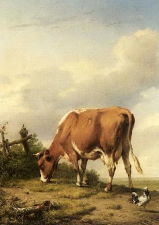 Cow and hens on hillside in Rhine landscape by Eugène Joseph Verboeckhoven