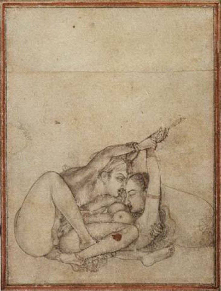 Two lovers in erotic embrace by Mughal School